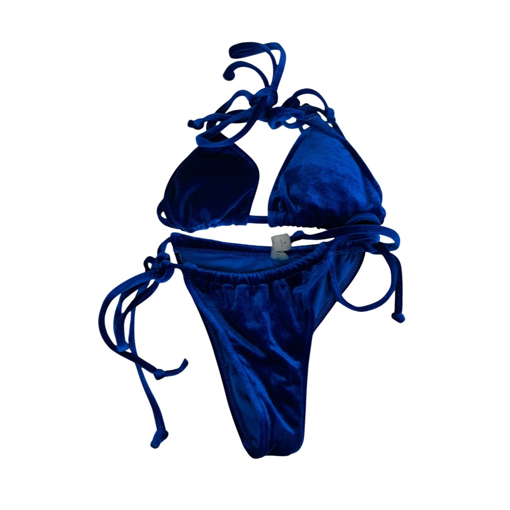 Royal Blue Velvet Triangle Bikini‎ Set Side Tie High Cut Swimsuit Size S